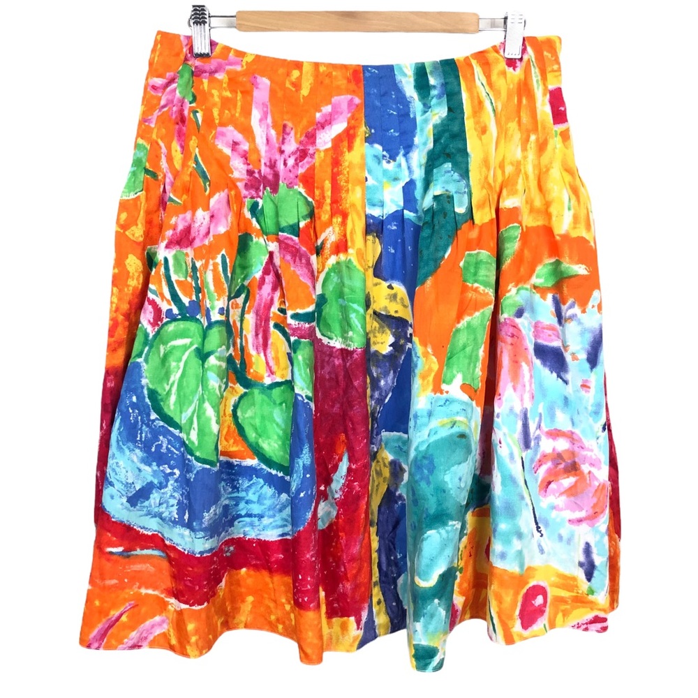 Ralph Lauren Watercolor Floral Pleated High Waisted Cotton Knee Length Skirt - Picture 7 of 7